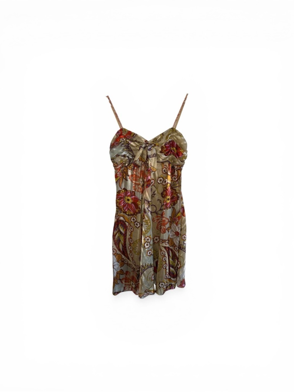 Vintage Eva Blue Gold Metallic Floral Dress 12 Fit & Flare 70’s Vibes Feminine